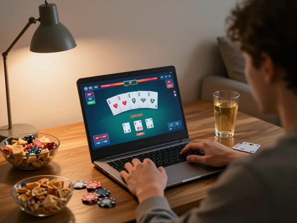 Person playing poker on a laptop at home, highlighting the convenience of a white label casino setup.