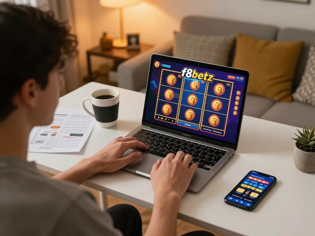 Player enjoying online slots at f8betz with cozy home atmosphere and gaming setup