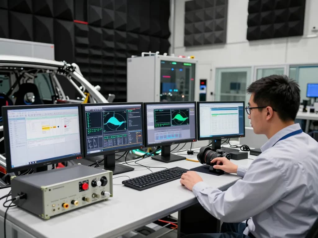 Expert engineer performing Vehicl emc testing in advanced automotive lab environment with high-tech equipment.