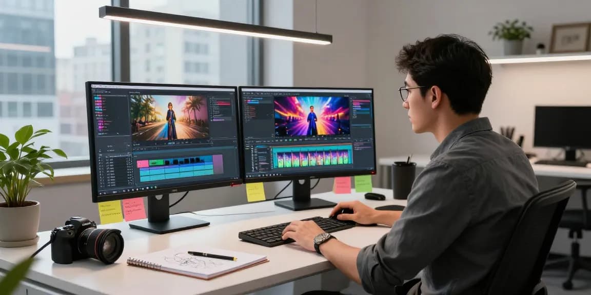 Professional workspace generating ai video prompts with dual monitors and creative tools.