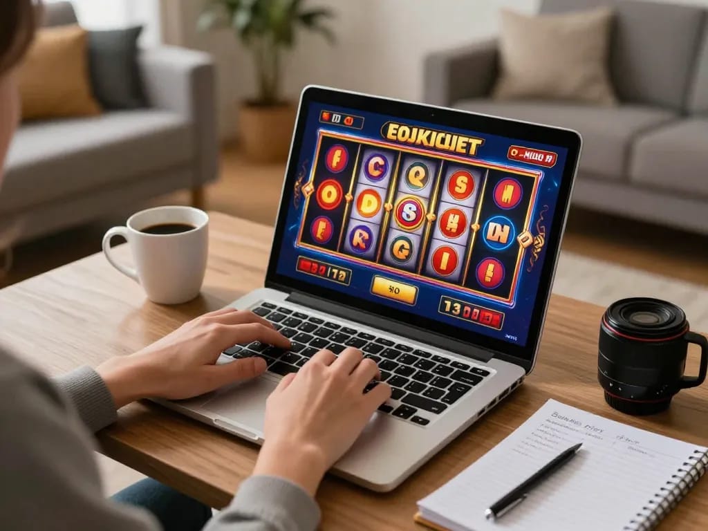 Player enjoying Betwin4d slot game on a laptop in a cozy living room decor.
