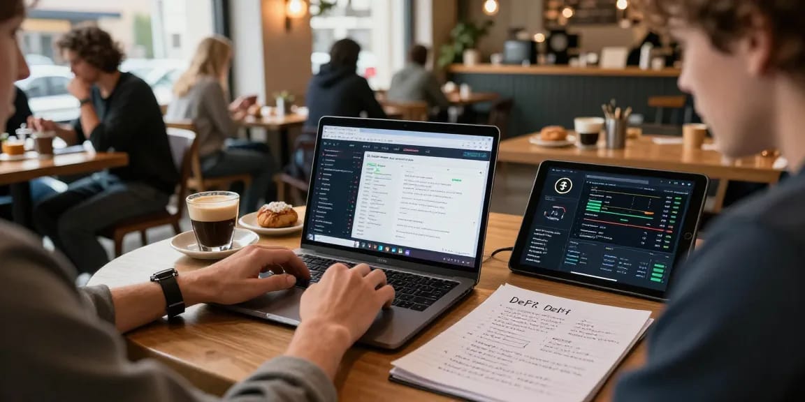 Cozy coffee shop scene showcasing a research moment for a cloud mining provider with crypto analytics and blockchain insights.