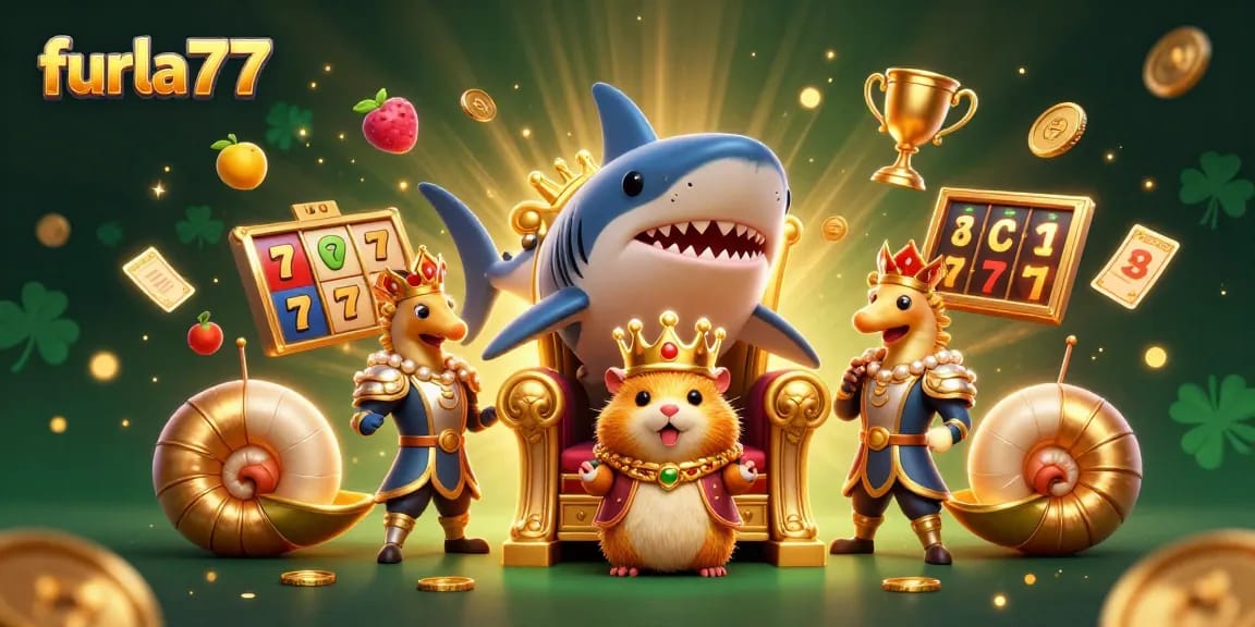 Experience the thrill of furla77 with a cartoon illustration of a golden hamster king surrounded by dynamic slot elements.