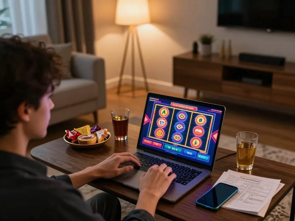 Playing slots not on Gamstop at home with engaging gameplay and cozy atmosphere.