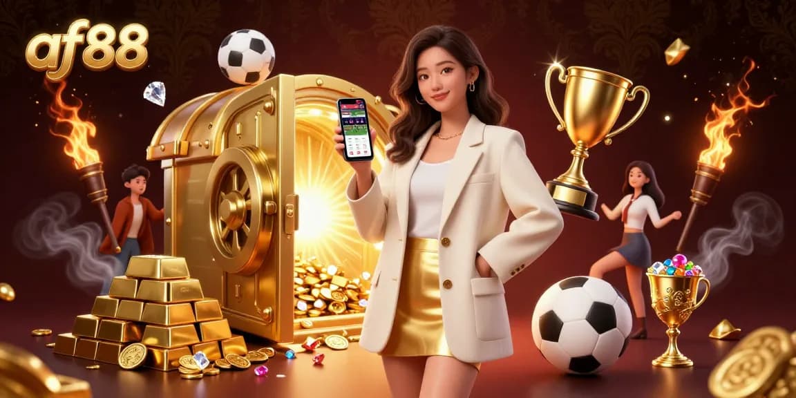 Bet on exciting wins at af88 with a beautiful Asian woman showcasing a sports betting app in a luxurious setting.