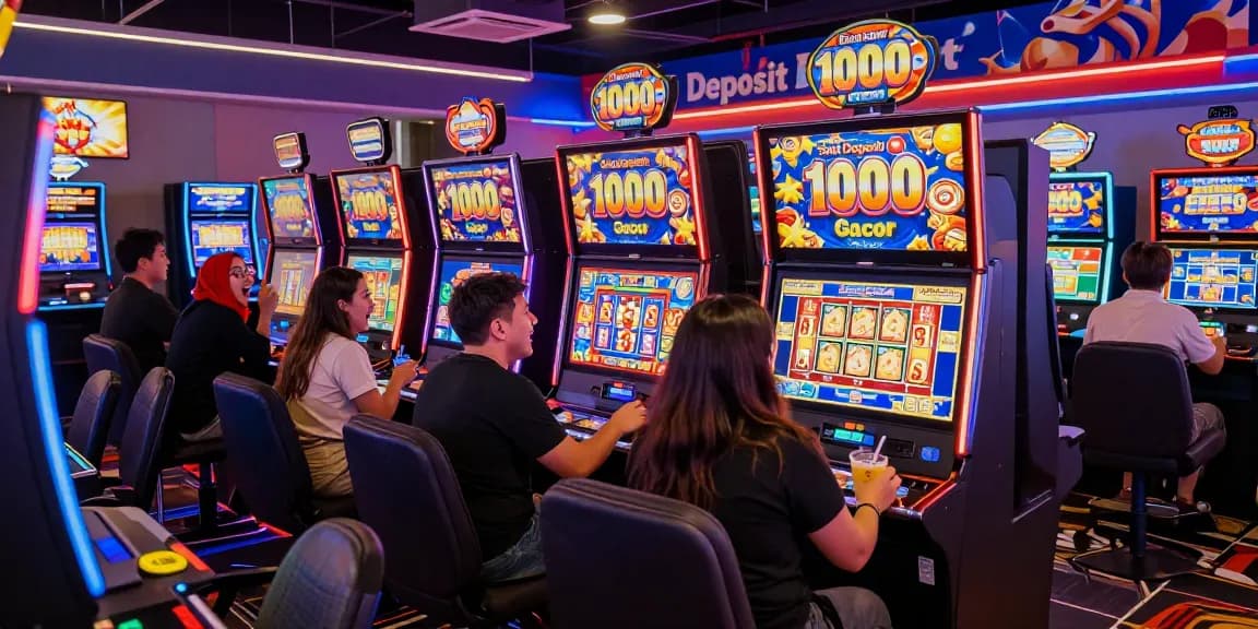 Excited players engaging with slot deposit 1000 machines in a vibrant online casino atmosphere, neon lights enhancing the gaming experience.