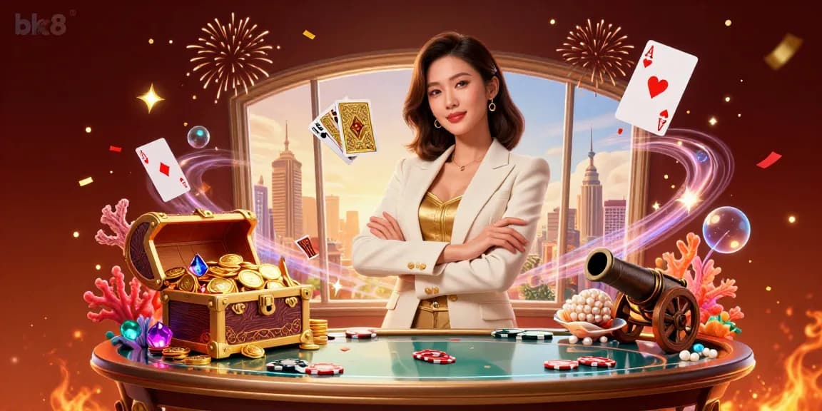 Engage in the excitement of bk8 with a powerful businesswoman deftly managing her poker game while vibrant elements dynamically surround her.