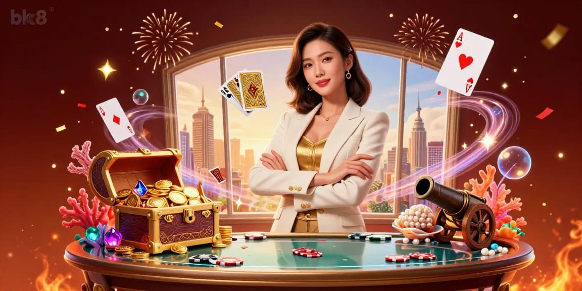 Engage in the excitement of bk8 with a powerful businesswoman deftly managing her poker game while vibrant elements dynamically surround her.