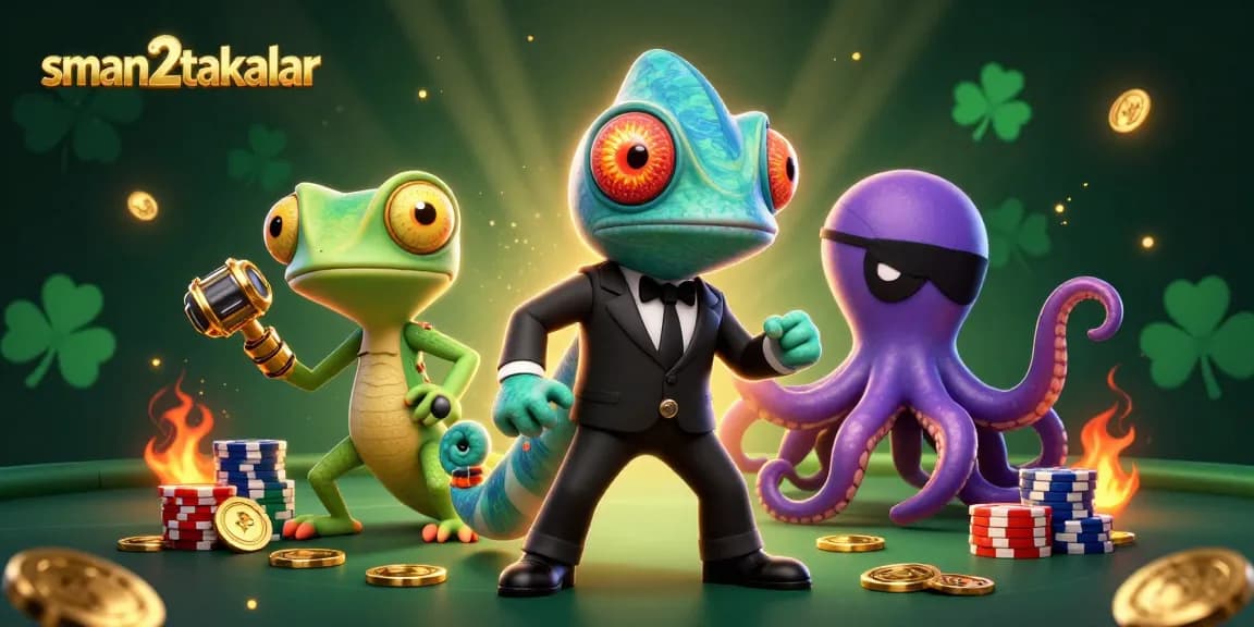 Gambarkan sman2takalar dalam adegan poker seru dengan chameleon agen rahasia dan teman gecko.
