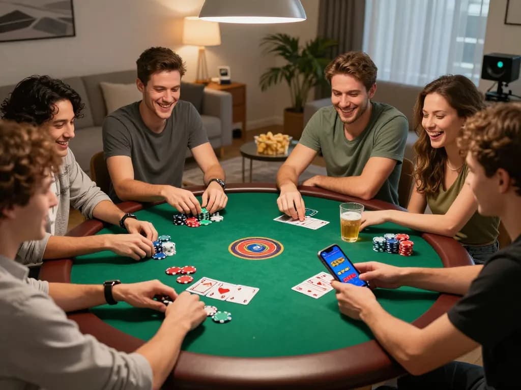 Friends enjoying an exciting poker night with mobile casino app showing slot pulsa options, vibrant atmosphere.