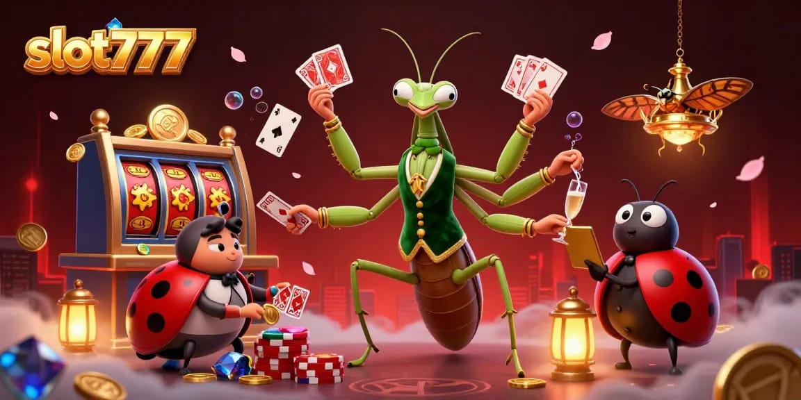 Exciting action in slot777 as a giant mantis card sharp deals cards with vibrant casino elements.