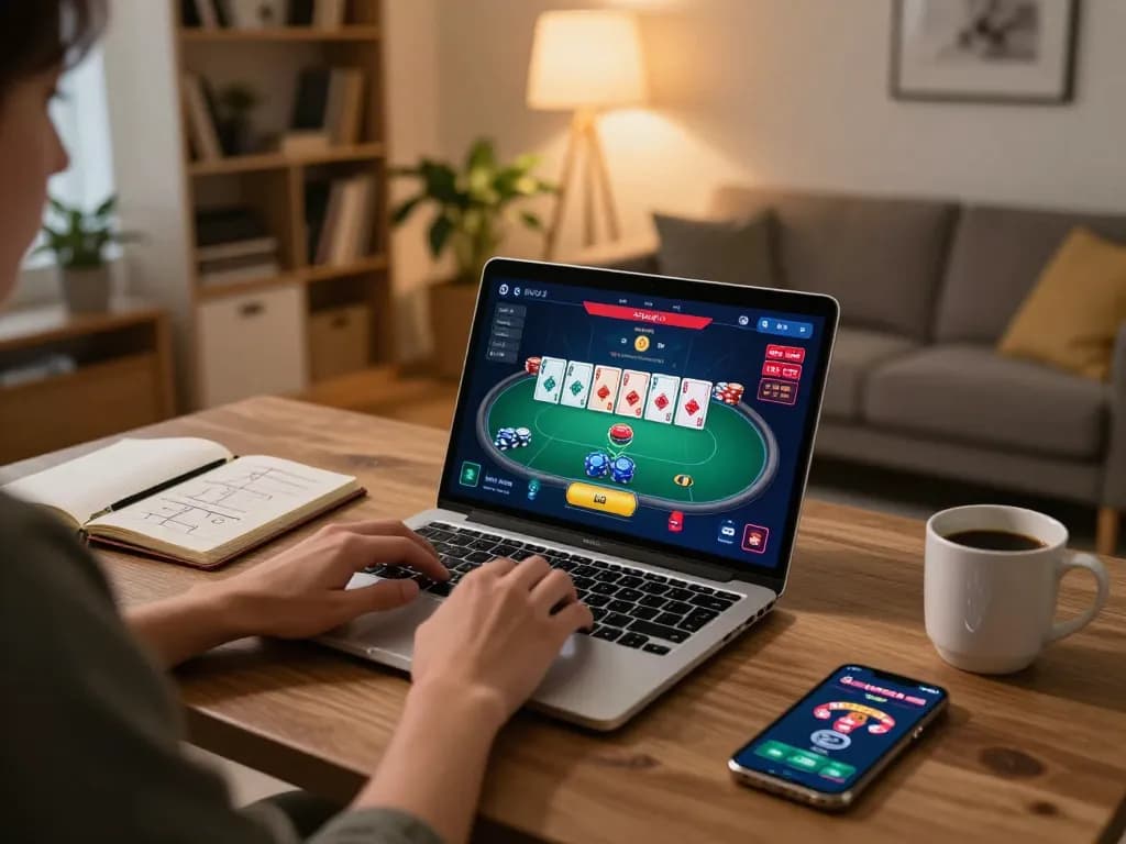 Player strategizing in online poker game at home with laptop, showcasing 789 gameplay