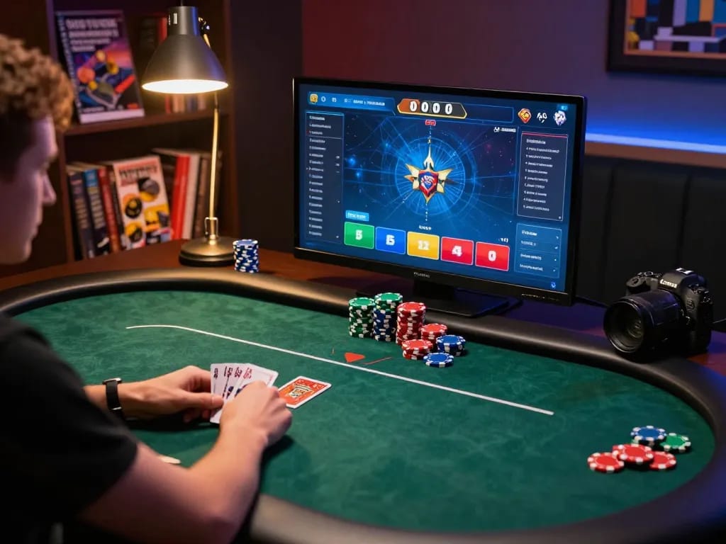RR88 SELECT with player engaged in online poker, showcasing dynamic gaming atmosphere and strategy.
