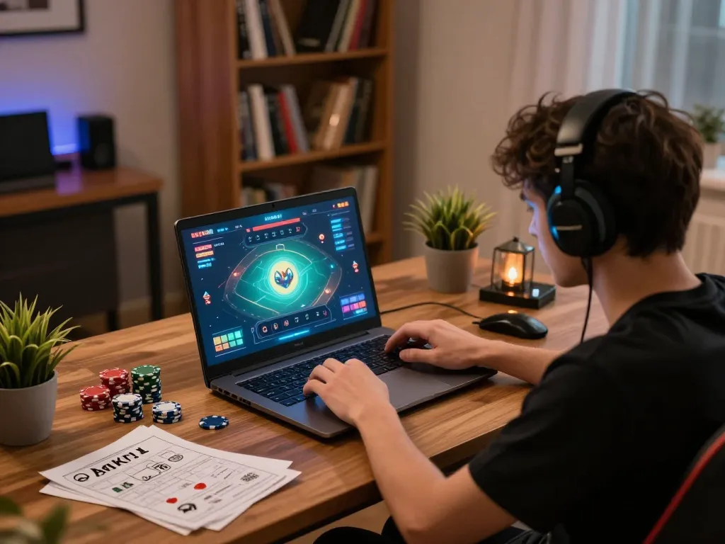 Engaging in online gameplay at Luck8 while managing chips and notes in a stylish home setting