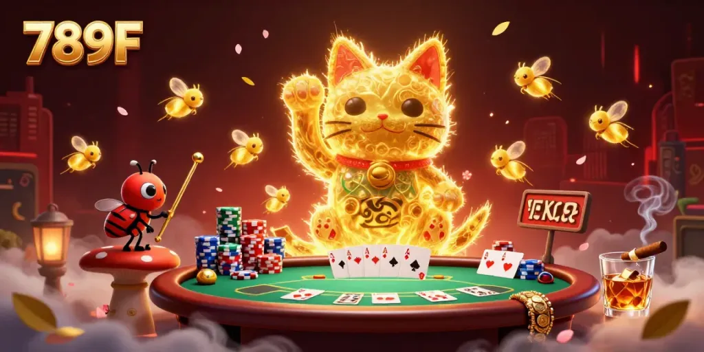 Win big with 789F's thrilling 3D casino illustration of a lucky cat and vibrant gaming elements.
