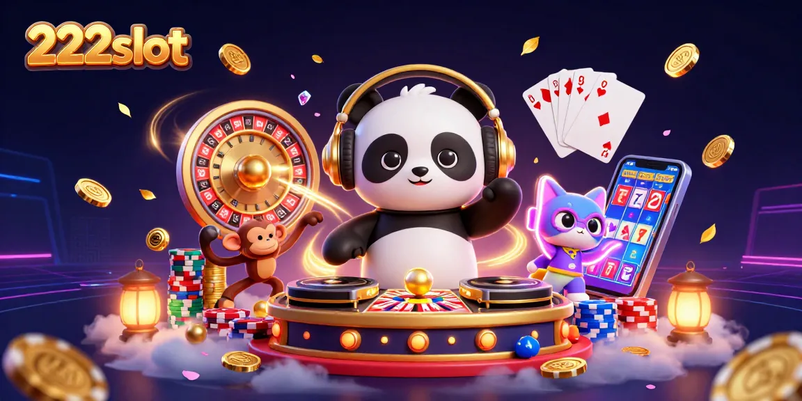 Menggunakan 222slot, DJ panda kartun 3D mengguncang tempat dengan simbol slot dan tumpukan chip poker berwarna-warni di sekitar, menjaga suasana kasino yang meriah.