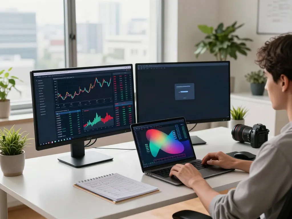 Detailed crypto trading workspace showcasing 東証 Level 2 データ on monitors, emphasizing blockchain innovation.