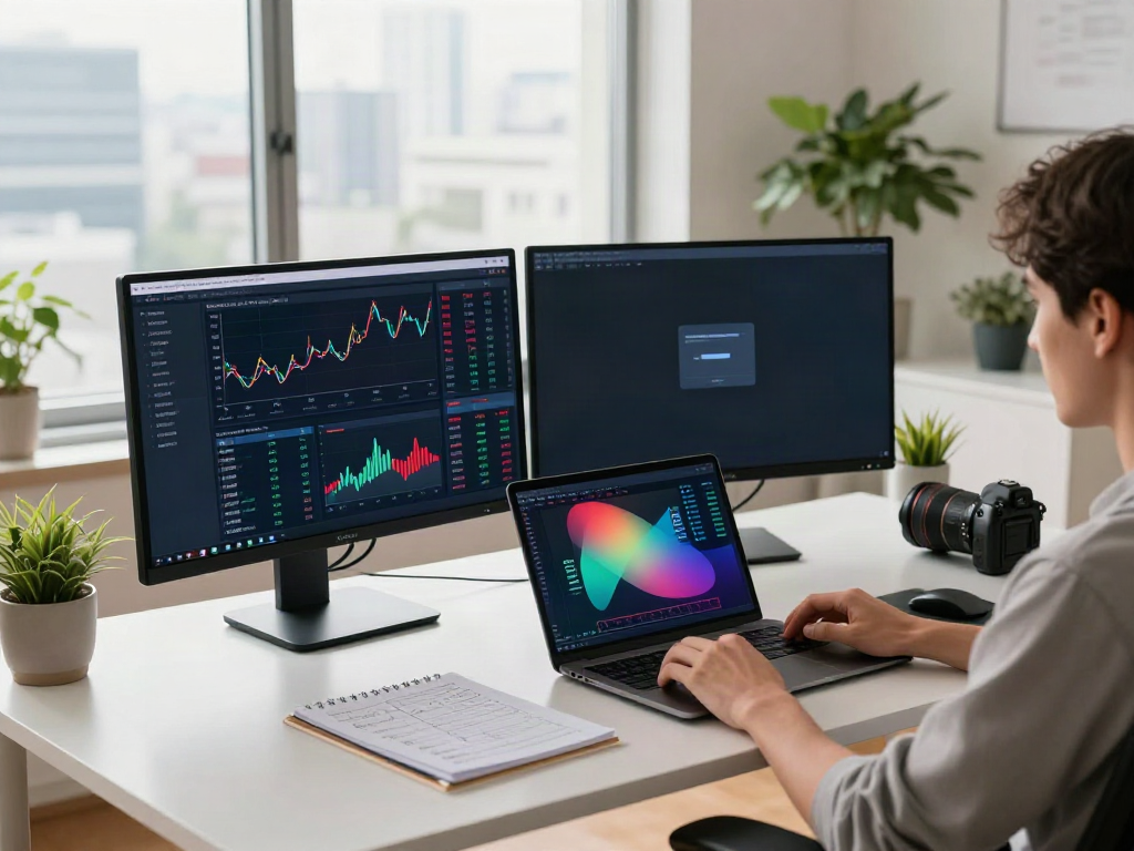 Detailed crypto trading workspace showcasing 東証 Level 2 データ on monitors, emphasizing blockchain innovation.