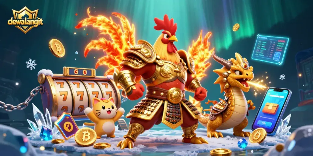 Mengalahkan permainan di dewalangit dengan ilustrasi kartun 3D ayam bertarung dan naga.