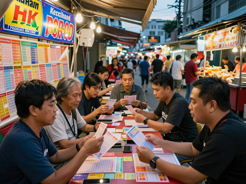 Keluaran HK updates amidst Togel Hongkong players celebrating at a lively street market.