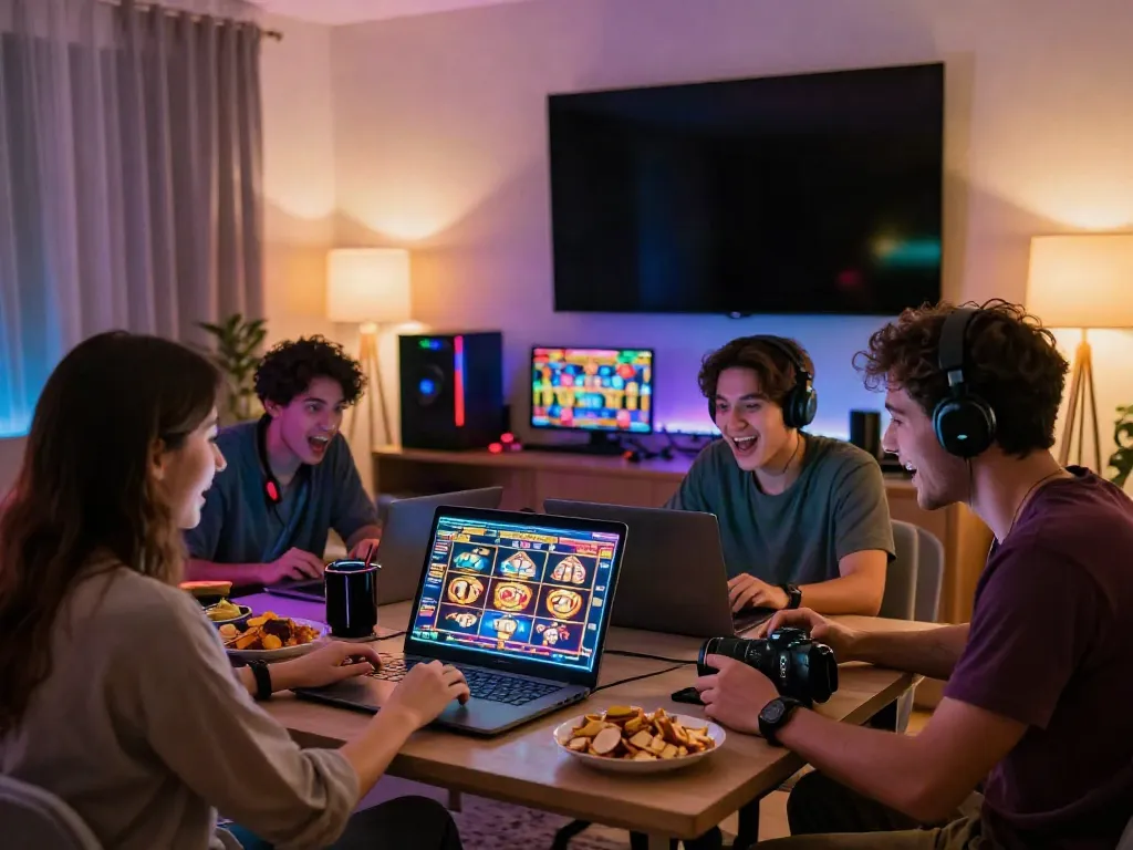 Friends enjoying slot games together in a lively living room