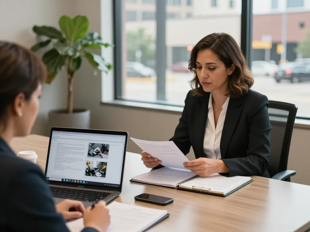 Houston Personal Injury Attorney Sue E. West consulting with a client in a modern office, reviewing legal documents.