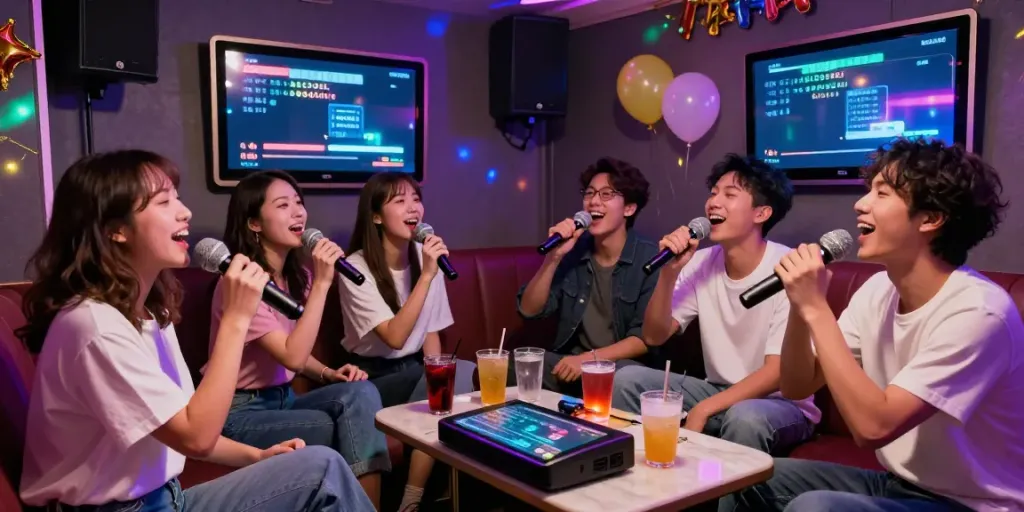 강남 달토에서 친구들과 즐거운 노래를 부르고 있는 모습과 화려한 조명