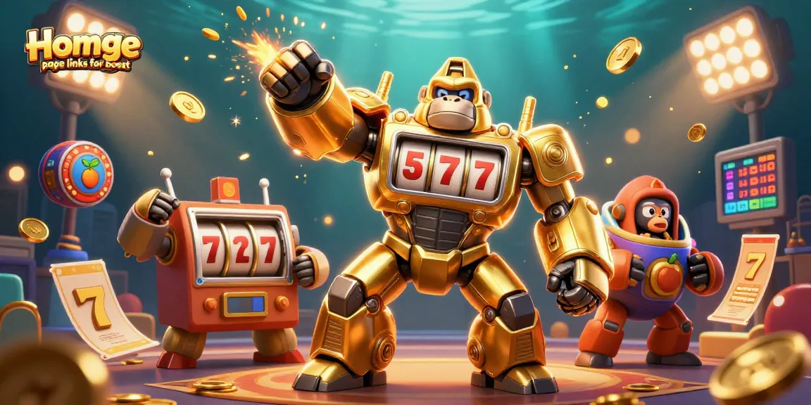 Boost your gaming experience with Homge page links for boost featuring a mech gorilla and vibrant casino elements.
