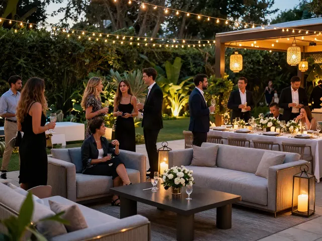 Event furniture rental showcasing a chic outdoor lounge setup with fairy lights and stylish furniture.