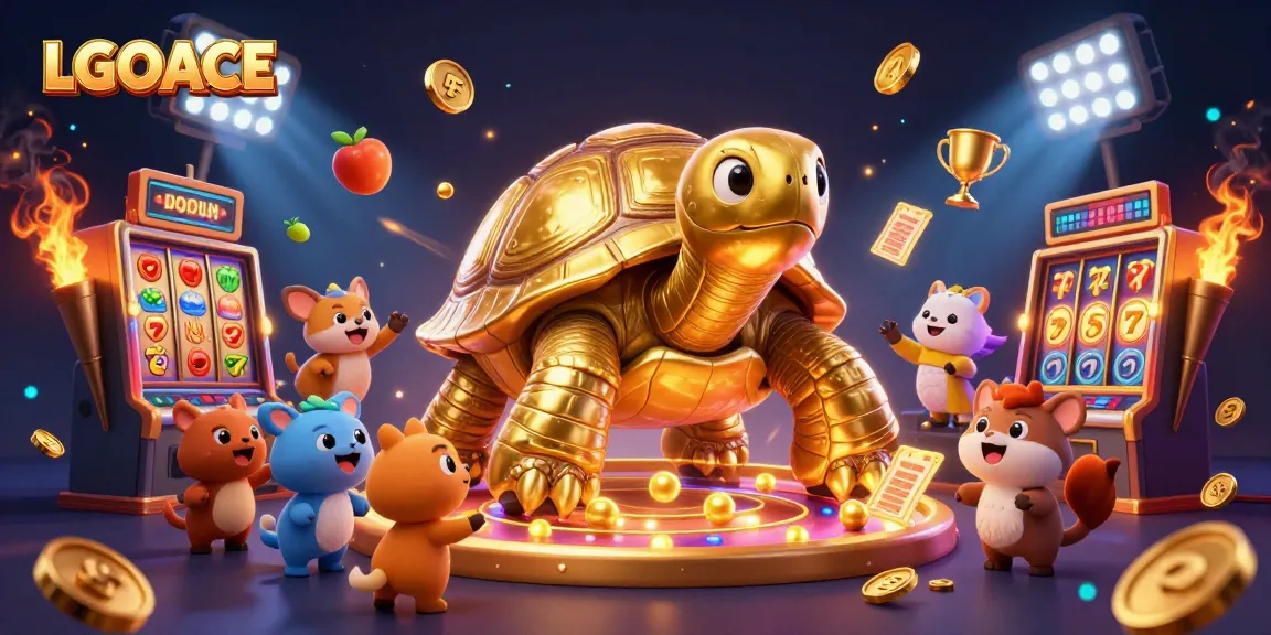 LGOACE showcases an exciting gaming atmosphere with a golden tortoise pinball and vibrant slot symbols in action.
