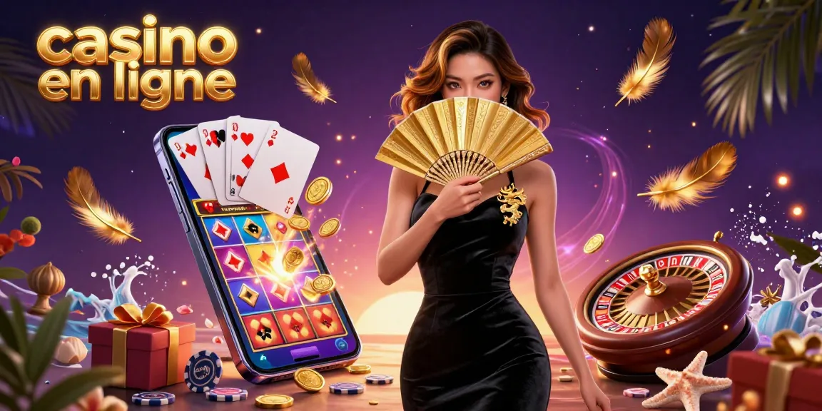 Capturez l'expérience palpitante du casino en ligne avec une magnifique illustration en 3D mettant en scène une belle femme, des visuels de jeux de machines à sous et des éléments riches.