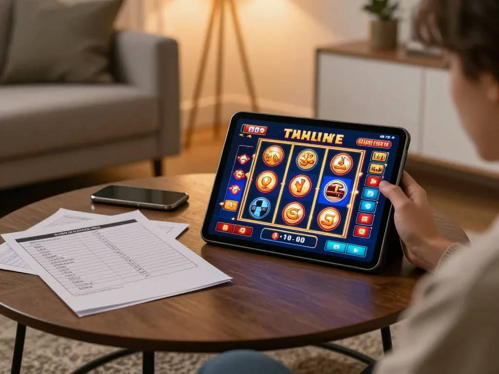 Player engaging with 88clbgo casino app on tablet, showcasing winning slot game interface at home