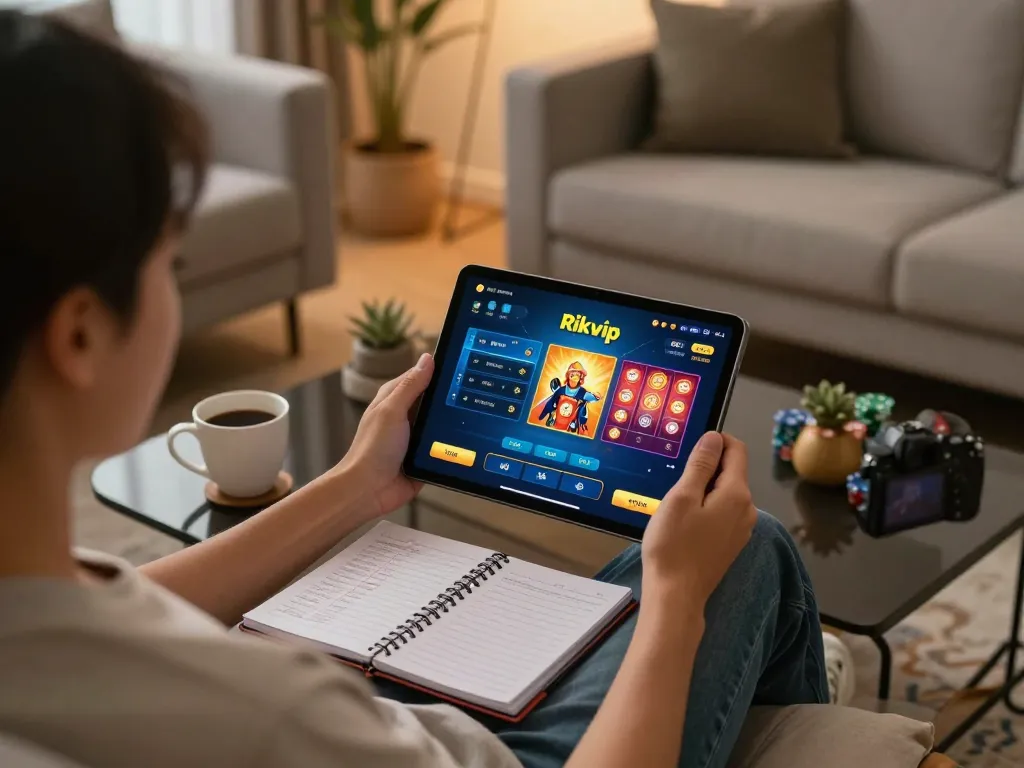 Player engaging in rikvip online gaming on a tablet, showcasing vibrant game interface and strategic atmosphere.