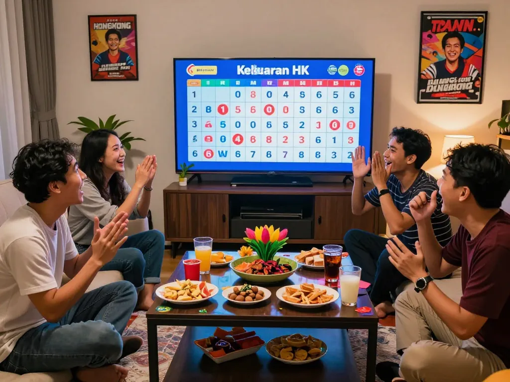 Friends enjoying a live Togel Hongkong draw, showcasing Keluaran HK results in a lively atmosphere.