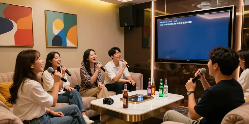 강남도파민의 고급스러운 노래방 룸에서 즐겁게 노래하는 친구들 모습