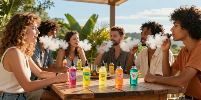 Friends enjoying lemon twist e liquid on a sunny patio.