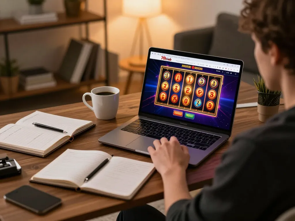 Player engaging with 789club online gaming on laptop in stylish home setup