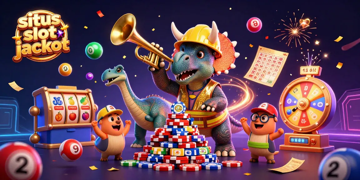 Situs slot jackpot illustration showcasing a triceratops building poker chips with festive elements