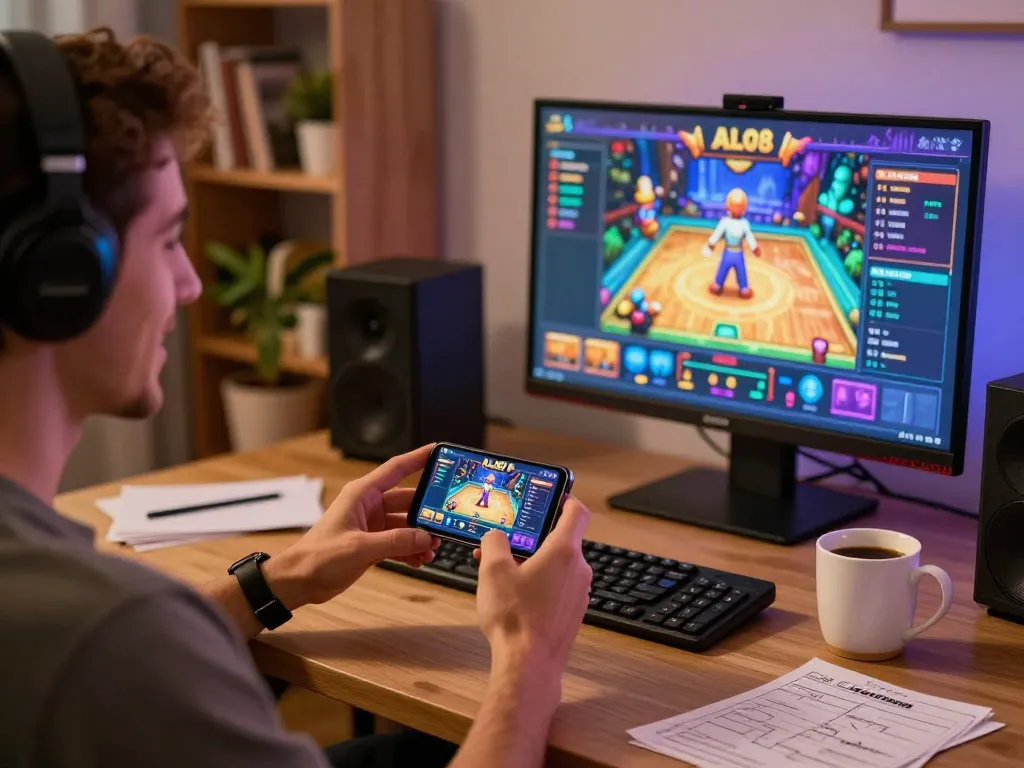 Player enjoying ALO8 casino app on smartphone with colorful game display and cozy home environment.