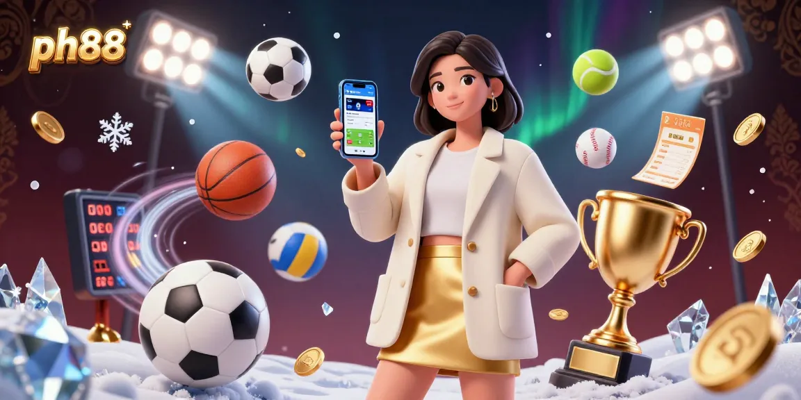 Experience ph88 with a stunning visual of a woman engaged in sports betting amidst dynamic game elements and trophies.