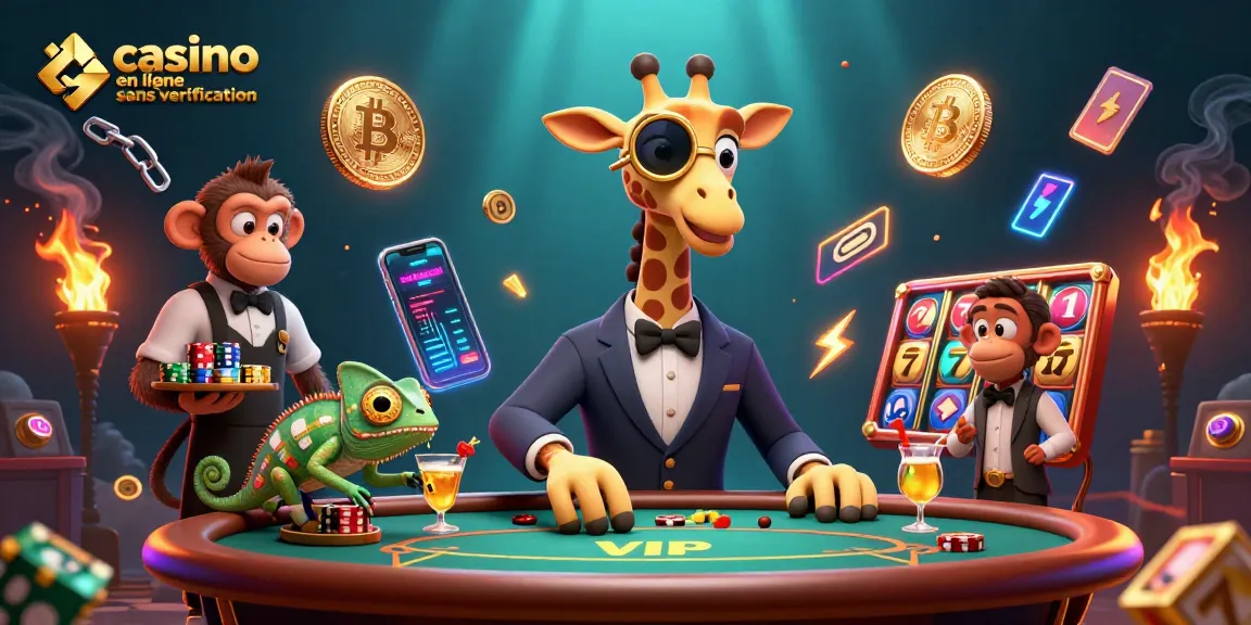 Visitez le casino en ligne sans vérification avec des personnages ludiques et des éléments crypto scintillants.