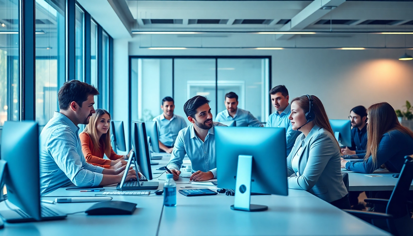 Employees from msp companies near me collaborating in a modern office setting focused on IT solutions.