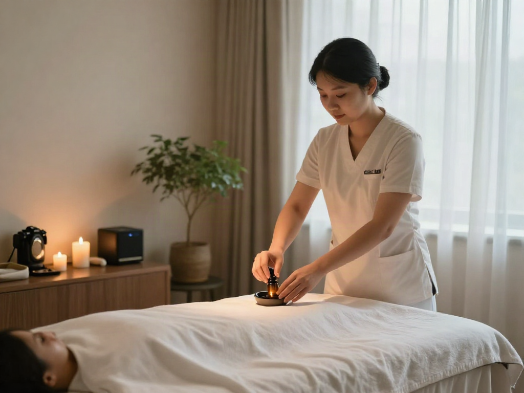 길동출장마사지 session preparation with essential oils, calming ambiance, and clean therapy space.