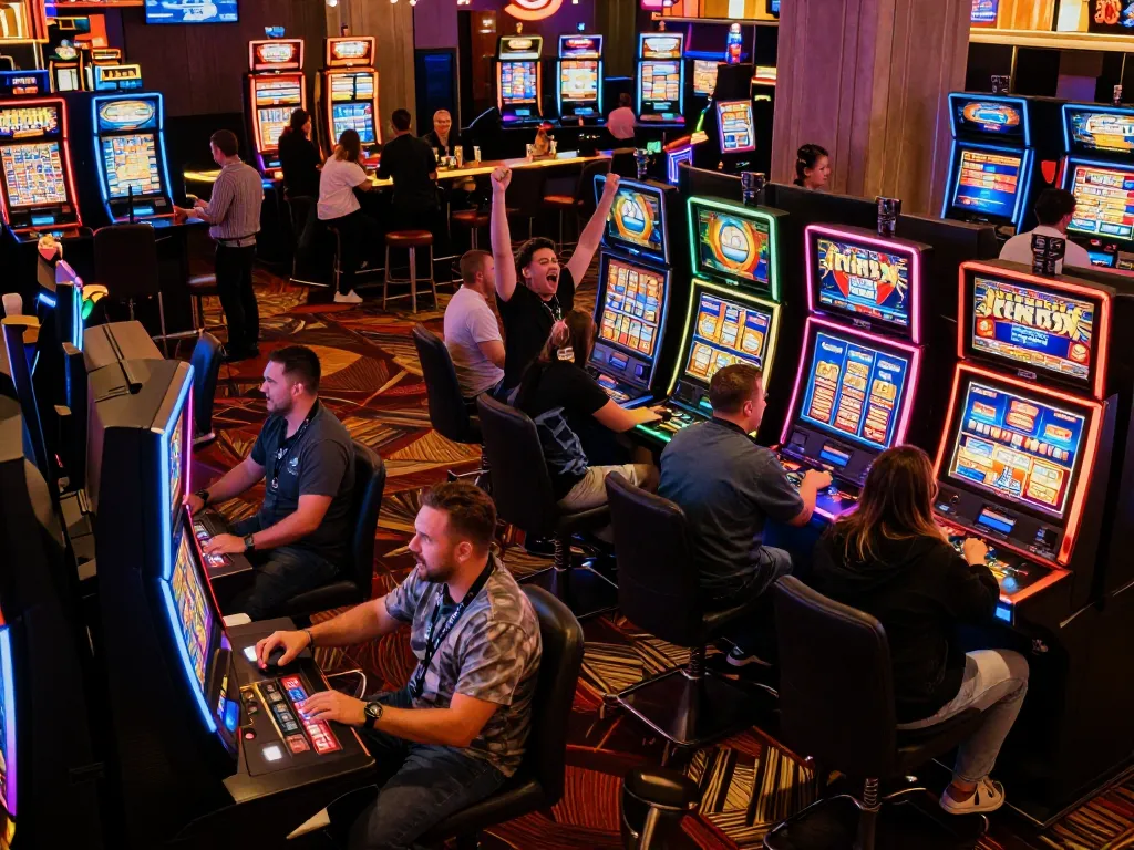 Experience the thrill of XX88 at a vibrant casino, where players celebrate their big wins amidst a dazzling array of slot machines.