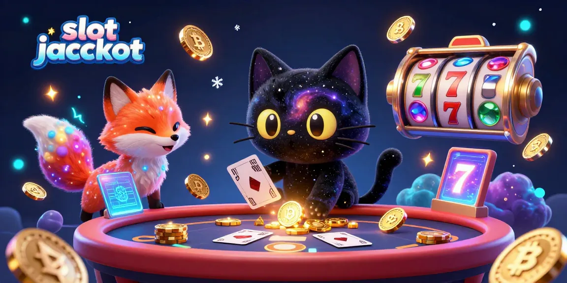 Engaging illustration of a cosmic casino scene with a black hole cat and a nebula fox embodying the slot jackpot thrill.