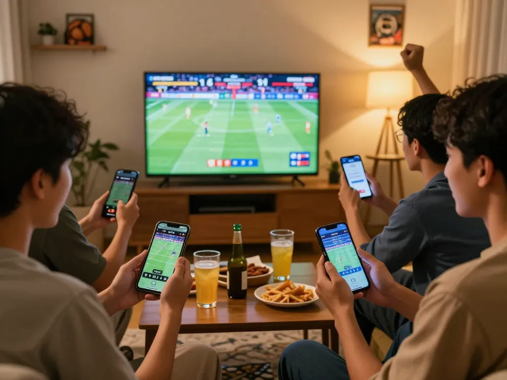 Friends engaging in rokok88 daftar while celebrating a winning sports bet in a lively setting