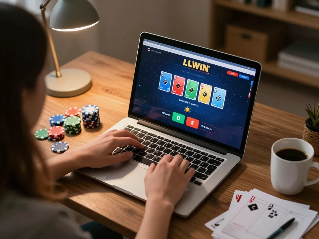 LLWIN player analyzing poker strategy in a cozy home office during an online gaming session