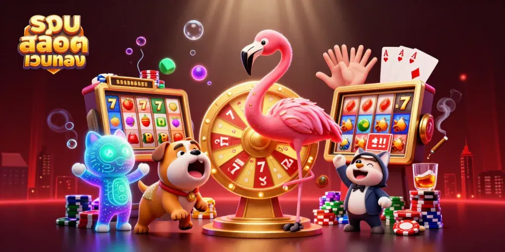 Engaging scene of รวมสล็อตเว็บตรง, featuring a flamingo game show host and dynamic slot elements for a vibrant casino atmosphere.