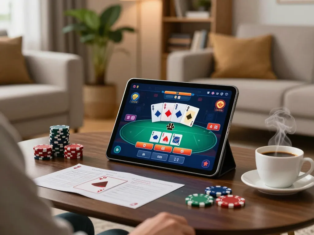 Player enjoying ALO8 online casino on tablet in a cozy home setting with strategic notes