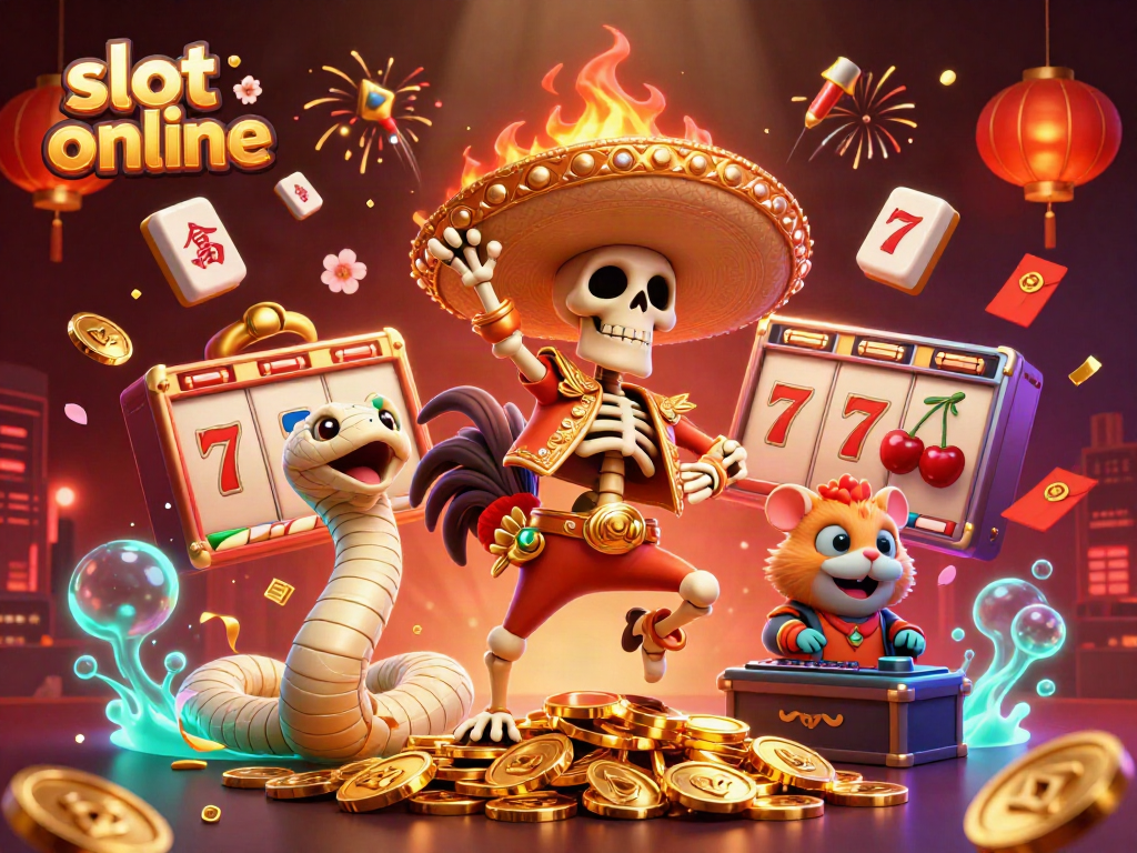 Momen seru slot online ditangkap dalam ilustrasi 3D menampilkan karakter kriptik dan elemen taruhan yang meriah.